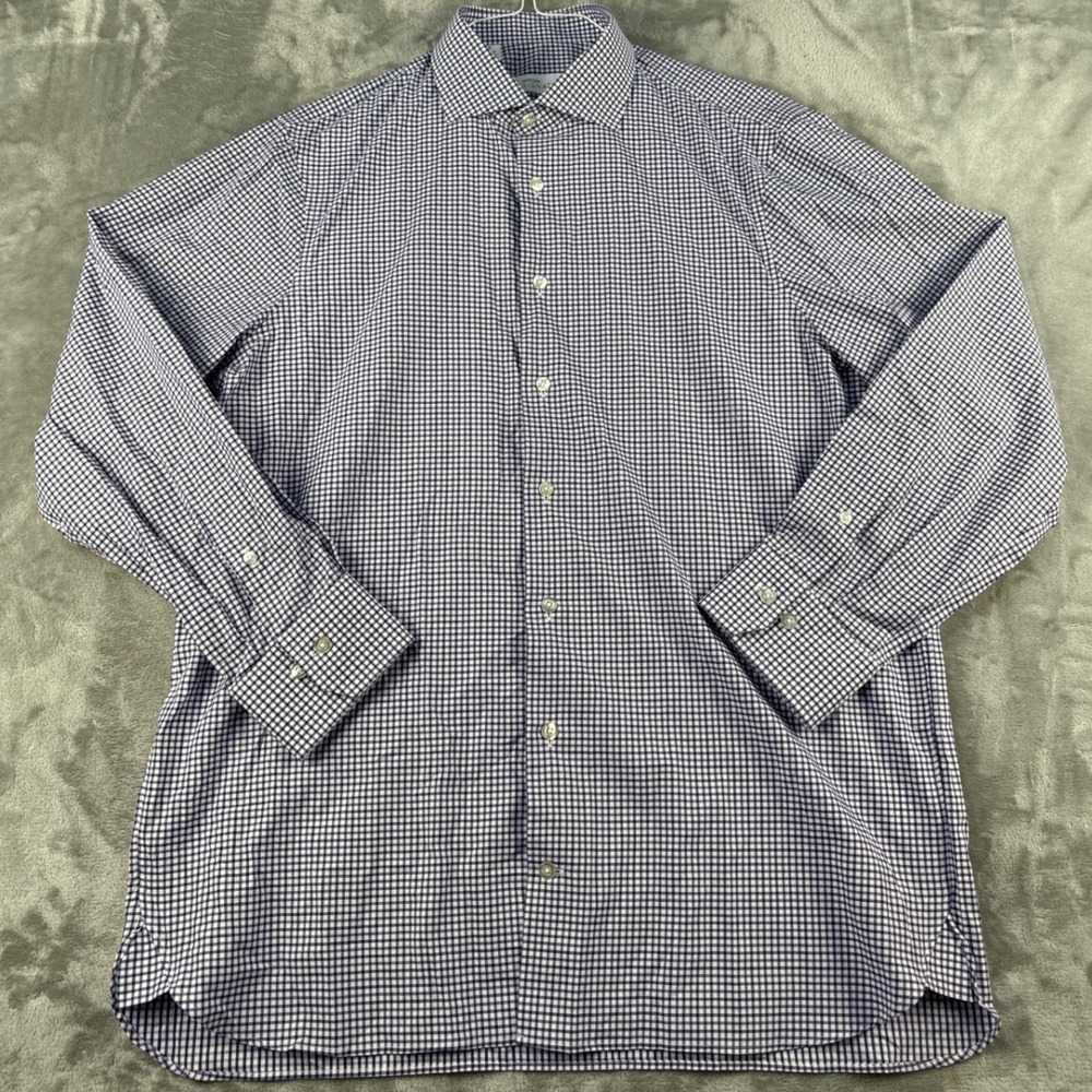 Nordstrom Signature Shirt Mens 16 Purple Gingham Button-Down Long Sleeve EUC
